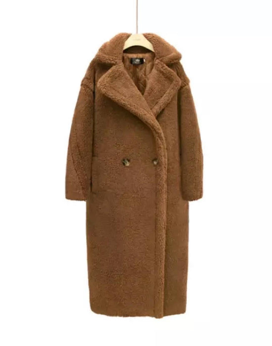 Long Loose Fit Shearling Fur Teddy Coat - BEYAZURA.COM