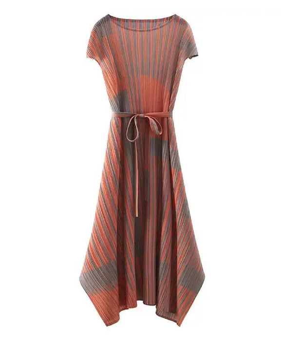 Long Pleated Loose Belted Dress In Red - BEYAZURA.COM