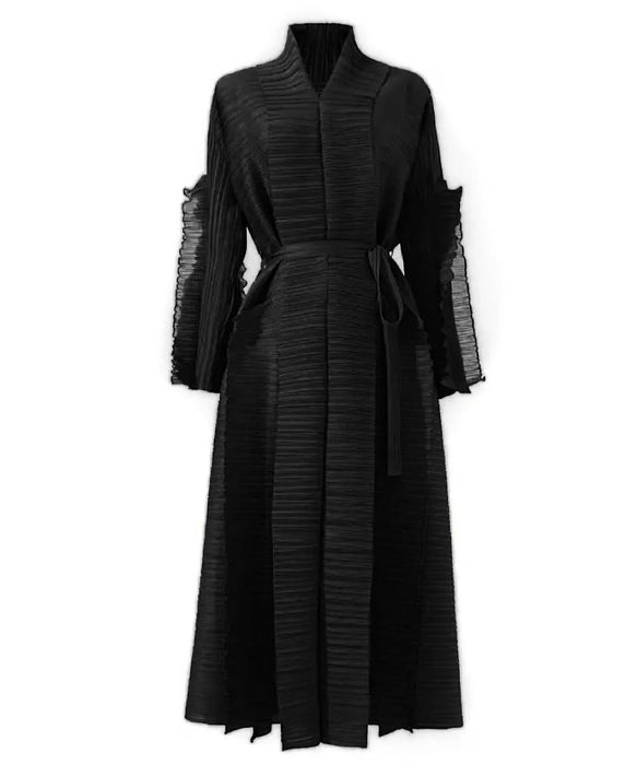 Long Pleated Loose Frilled Dress In Black - BEYAZURA.COM