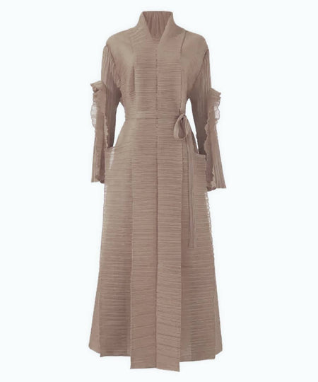 Long Pleated Loose Frilled Dress In Apricot - BEYAZURA.COM