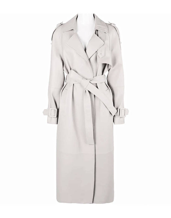 Long Sheepskin Leather Trench Coat - BEYAZURA.COM