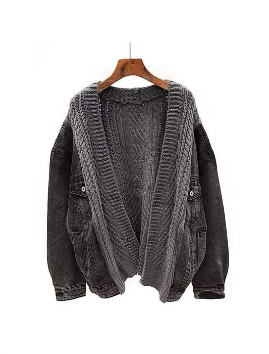 Long Sleeve Knit Black Denim Jacket - BEYAZURA.COM