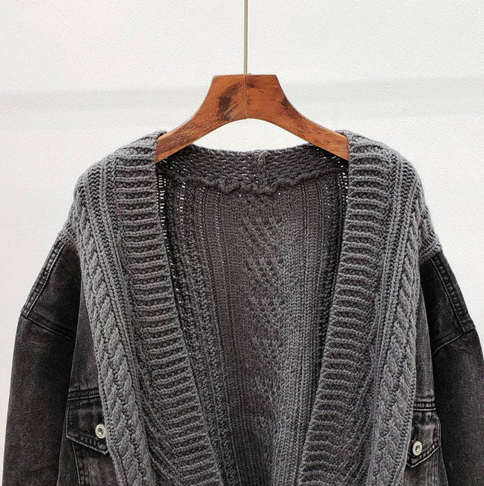Long Sleeve Knit Black Denim Jacket - BEYAZURA.COM