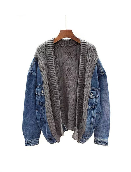 Long Sleeve Knit Blue Denim Jacket - BEYAZURA.COM