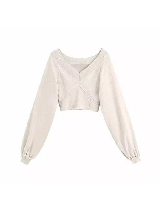 Long Sleeve V Neck Knitted Pullover - BEYAZURA.COM