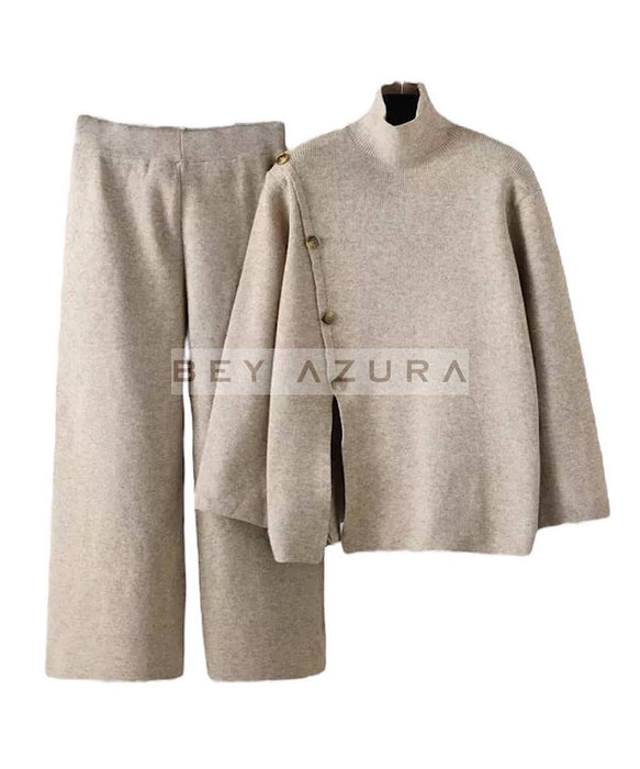 Long Turtleneck Top And Cropped Pants Set In Brown - BEYAZURA.COM