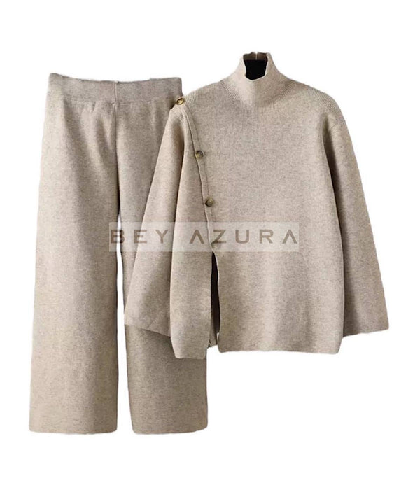 Long Turtleneck Top And Cropped Pants Set In Gray - BEYAZURA.COM