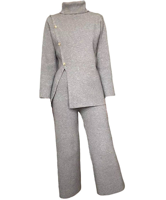 Long Turtleneck Top And Cropped Pants Set In Gray - BEYAZURA.COM