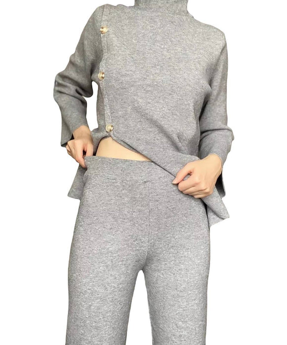 Long Turtleneck Top And Cropped Pants Set In Gray - BEYAZURA.COM