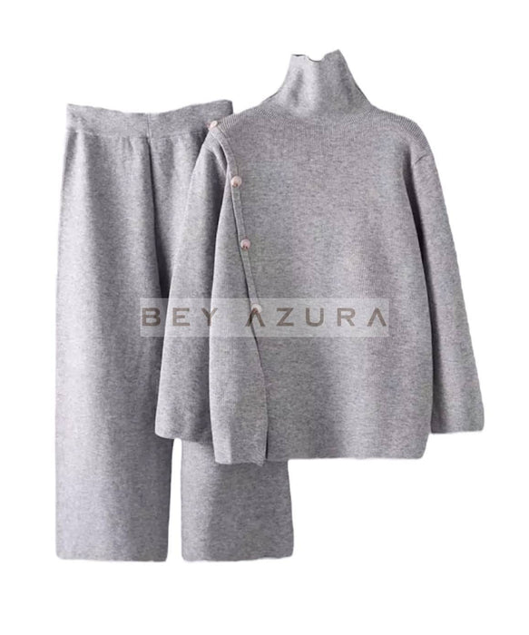 Long Turtleneck Top And Cropped Pants Set In Gray - BEYAZURA.COM