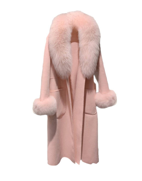 Long Wool Coat With Fox Fur Collar - BEYAZURA.COM