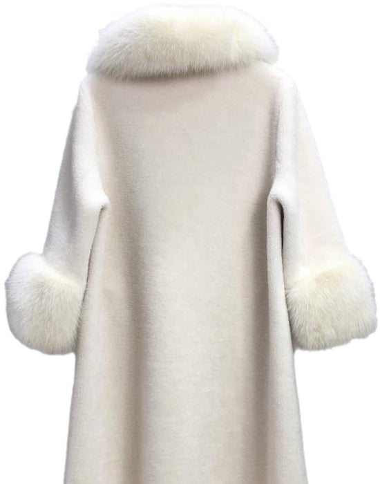 Loose Wool Coat With Fur And Pearl Trims - BEYAZURA.COM