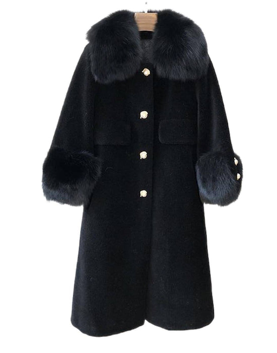 Loose Wool Coat With Fur And Pearl Trims - BEYAZURA.COM