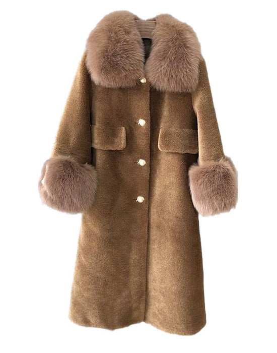 Loose Wool Coat With Fur And Pearl Trims - BEYAZURA.COM