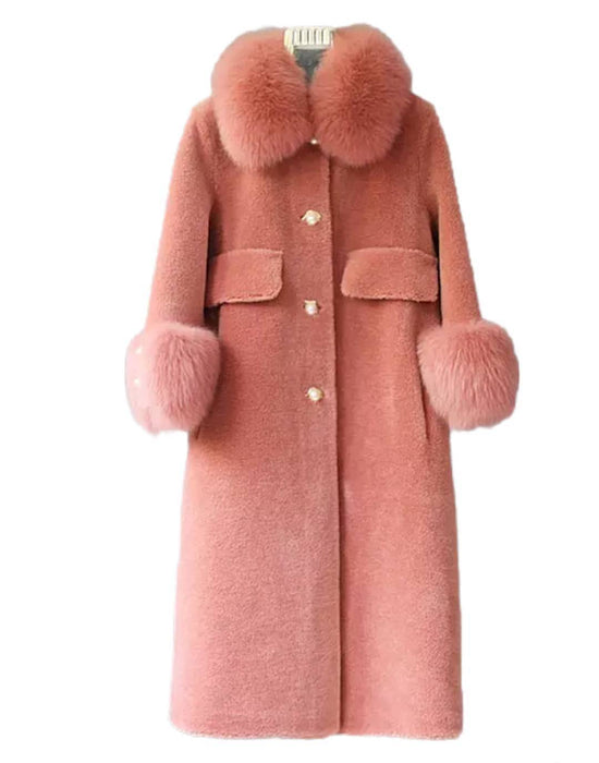 Loose Wool Coat With Fur And Pearl Trims - BEYAZURA.COM