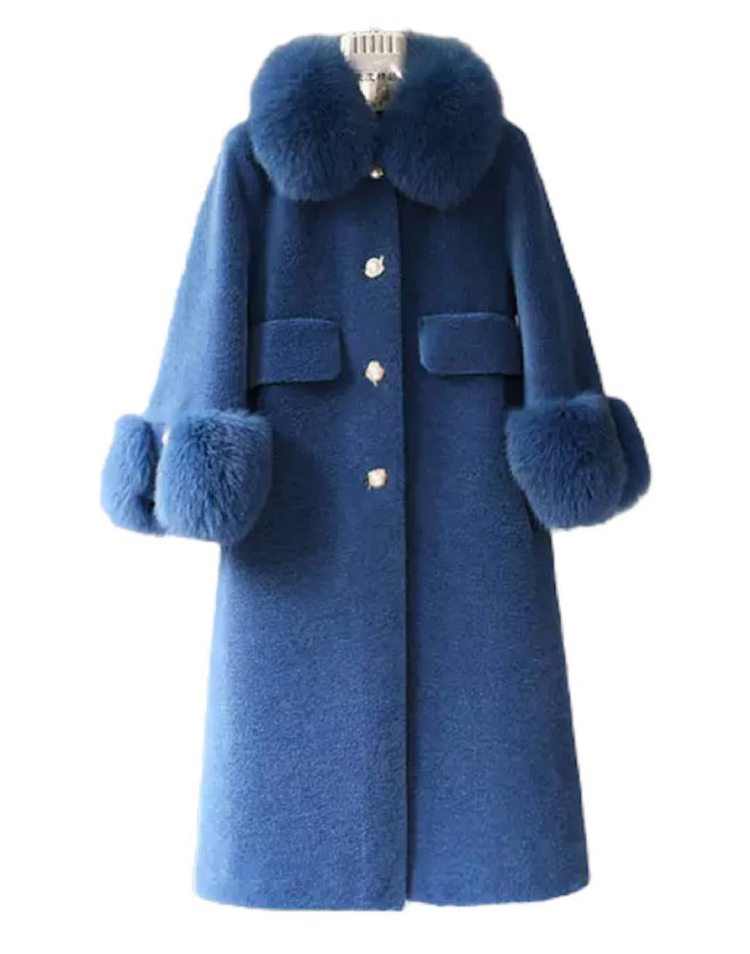 Loose Wool Coat With Fur And Pearl Trims