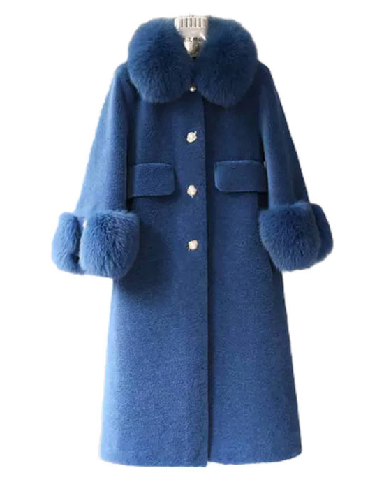 Loose Wool Coat With Fur And Pearl Trims - BEYAZURA.COM