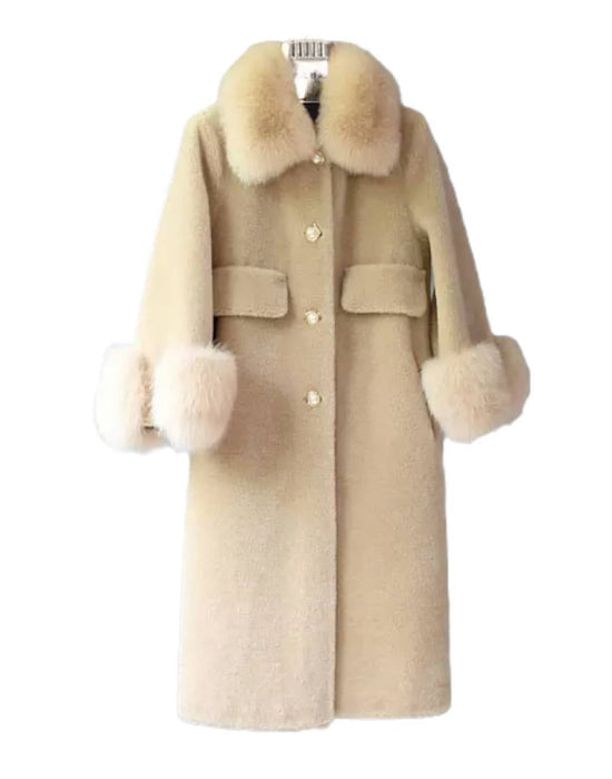 Loose Wool Coat With Fur And Pearl Trims - BEYAZURA.COM