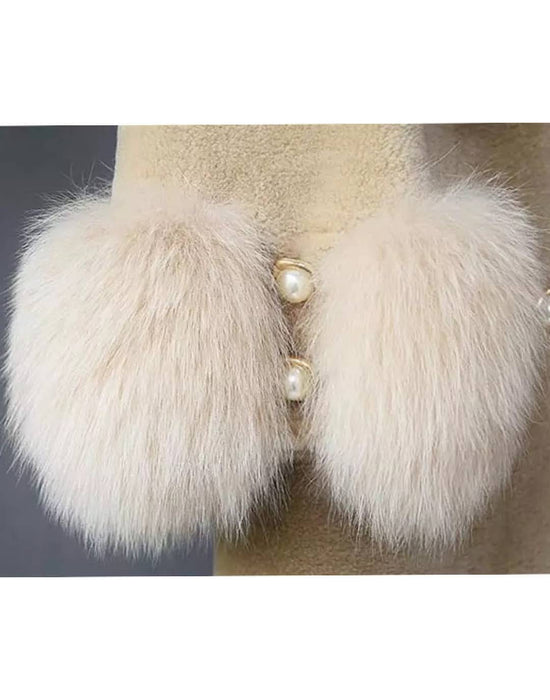 Loose Wool Coat With Fur And Pearl Trims - BEYAZURA.COM