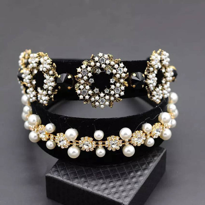 Lux Baroque Crystal And Pearl Black Headbands - BEYAZURA.COM