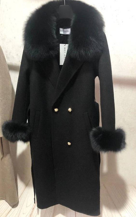 Lux Double Sided Cashmere Fox Fur Trim Midi Coat - BEYAZURA.COM