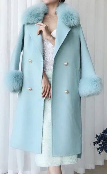 Lux Double Sided Cashmere Fox Fur Trim Midi Coat - BEYAZURA.COM