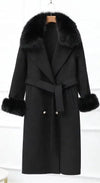 Lux Double Sided Cashmere Fox Fur Trim Midi Coat - BEYAZURA.COM