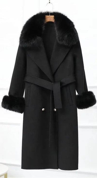 Lux Double Sided Cashmere Fox Fur Trim Midi Coat - BEYAZURA.COM