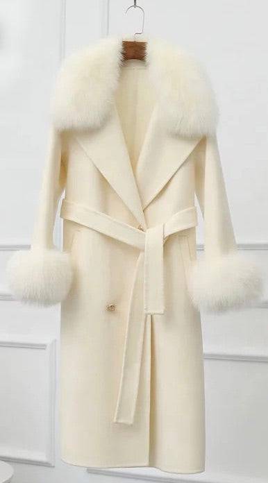 Lux Double Sided Cashmere Fox Fur Trim Midi Coat - BEYAZURA.COM