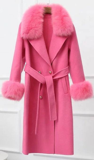 Lux Double Sided Cashmere Fox Fur Trim Midi Coat - BEYAZURA.COM