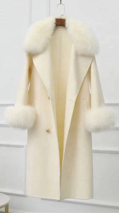 Lux Double Sided Cashmere Fox Fur Trim Midi Coat - BEYAZURA.COM