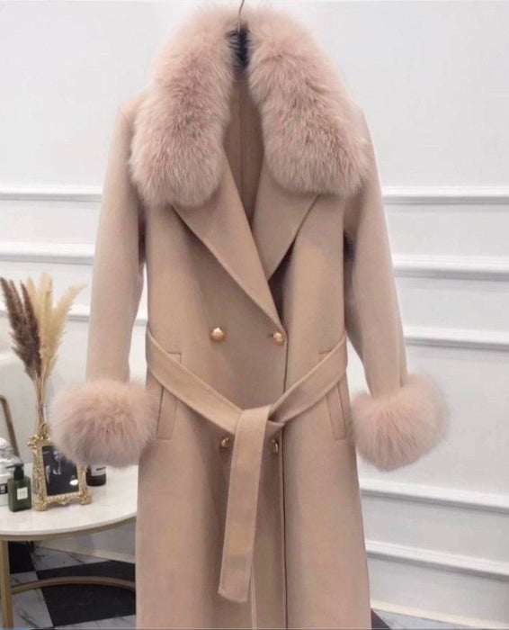 Lux Double Sided Cashmere Fox Fur Trim Midi Coat - BEYAZURA.COM