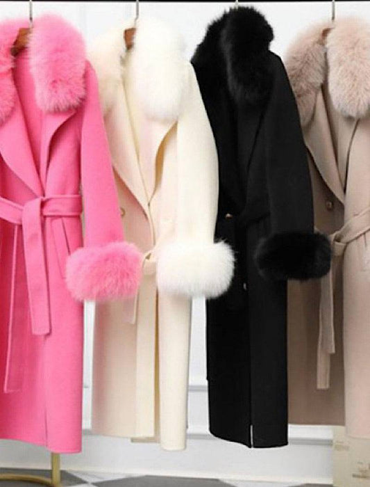 Lux Double Sided Cashmere Fox Fur Trim Midi Coat - BEYAZURA.COM