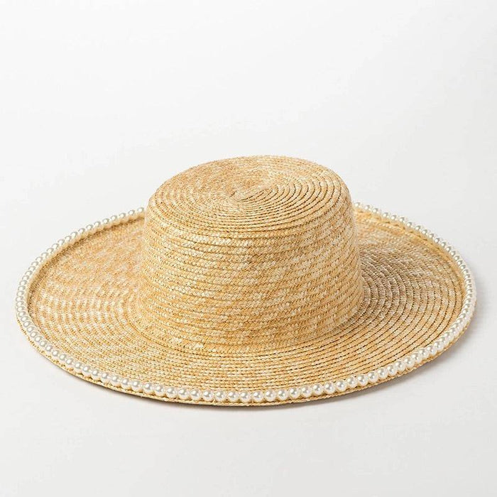 Lux Straw Hat With Pearl Wide Brim - BEYAZURA.COM
