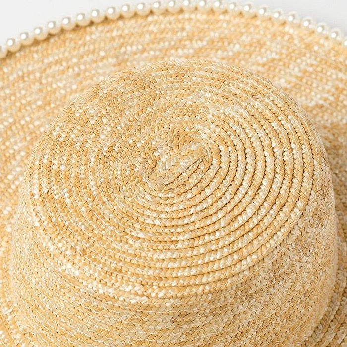 Lux Straw Hat With Pearl Wide Brim - BEYAZURA.COM