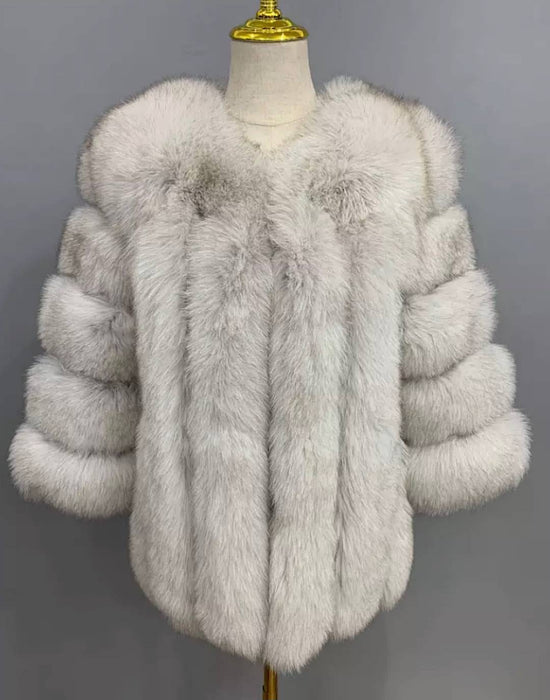 Lux Vertical Striped Fox Fur Coat - BEYAZURA.COM