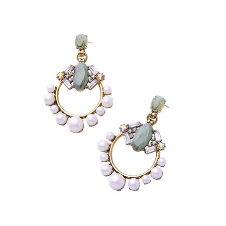 Luxury Pearl And Green Stone Drop Earrings - BEYAZURA.COM