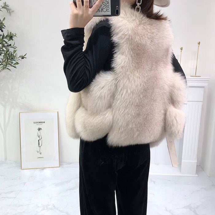 Luxury Soft Fox Fur Gilet With Leather Belt - BEYAZURA.COM