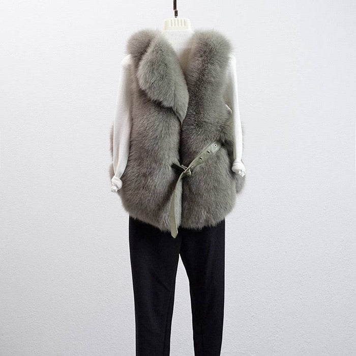 Luxury Soft Fox Fur Gilet With Leather Belt - BEYAZURA.COM