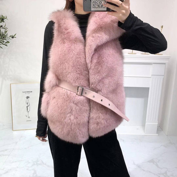 Luxury Soft Fox Fur Gilet With Leather Belt - BEYAZURA.COM