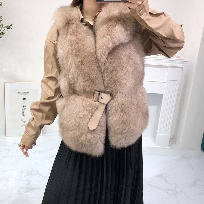 Luxury Soft Fox Fur Gilet With Leather Belt - BEYAZURA.COM