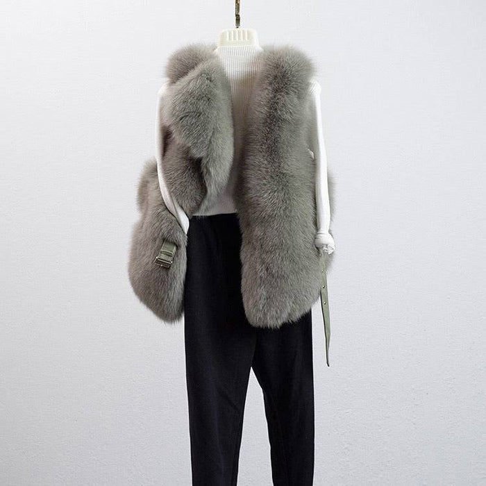 Luxury Soft Fox Fur Gilet With Leather Belt - BEYAZURA.COM