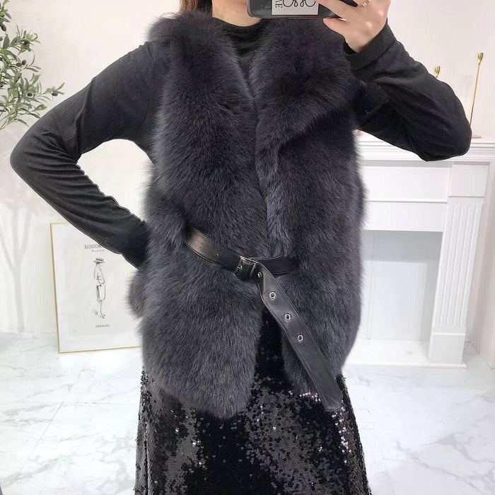 Luxury Soft Fox Fur Gilet With Leather Belt - BEYAZURA.COM