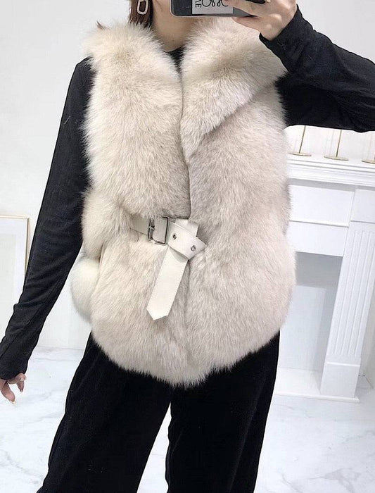 Luxury Soft Fox Fur Gilet With Leather Belt - BEYAZURA.COM