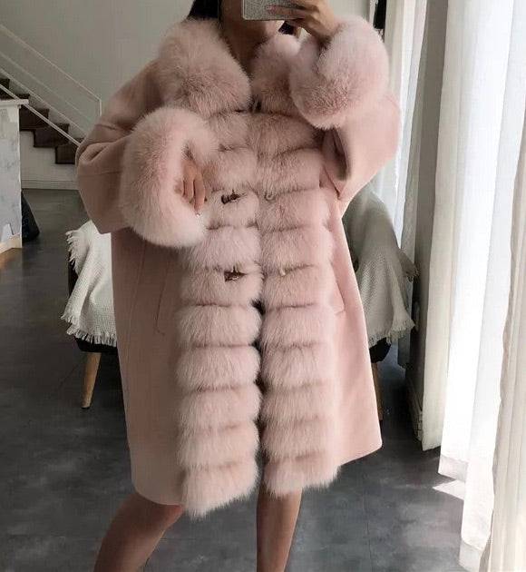 Luxury Wool Cashmere Coat With Fox Fur Trims - BEYAZURA.COM