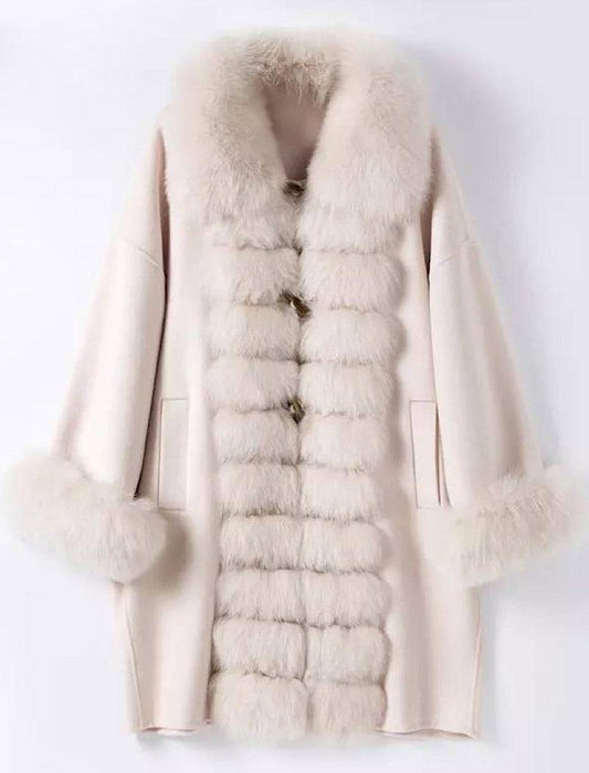 Luxury Wool Cashmere Coat With Fox Fur Trims - BEYAZURA.COM