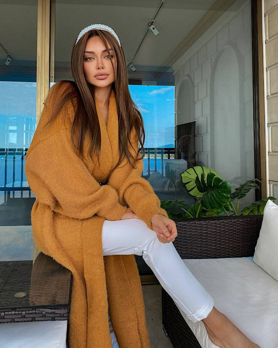Maxi Mohair Faux Mink Cashmere Oversized Cardigan In Brown - BEYAZURA.COM