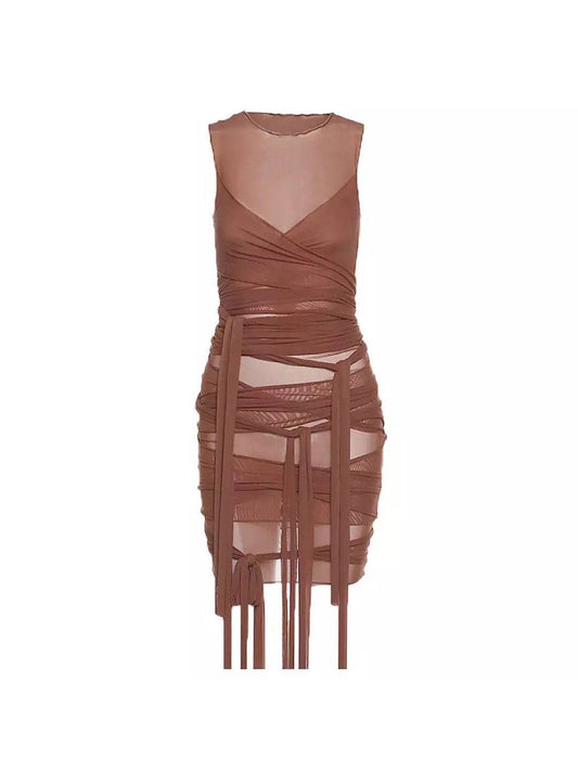 Mesh Bandage Strappy Mini Dress - BEYAZURA.COM