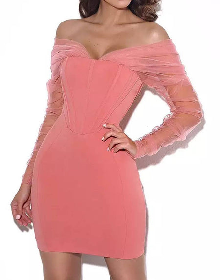 Mesh Sleeve Bodycon Mini Dress - BEYAZURA.COM
