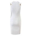 Metal Buckle Striped Knit Short Dress In White - BEYAZURA.COM